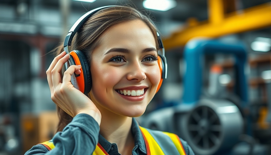 Young woman in industrial setting wearing headphones for hearing loss prevention.
