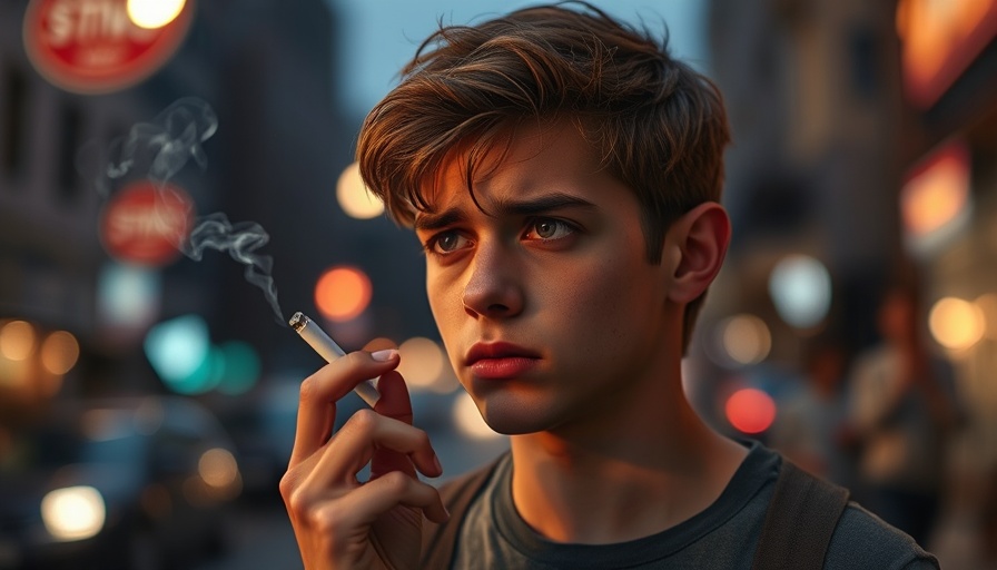 Teen reflecting on tobacco use in city setting.