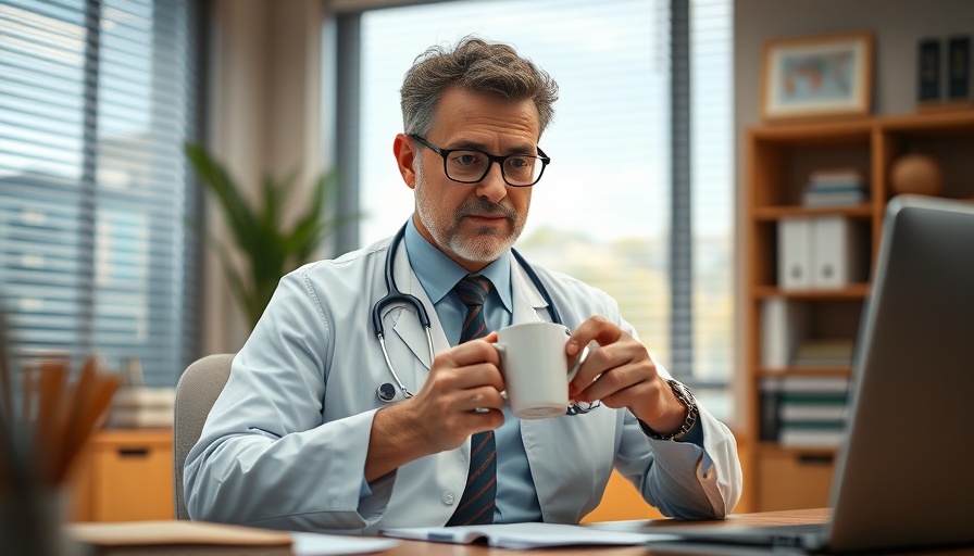 Doctor promoting cancer prevention, sipping coffee in office setting.