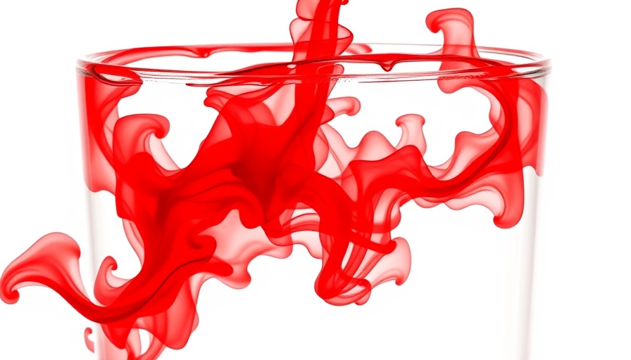 Vivid red ink swirling in a glass of water, showcasing medical insights theme.