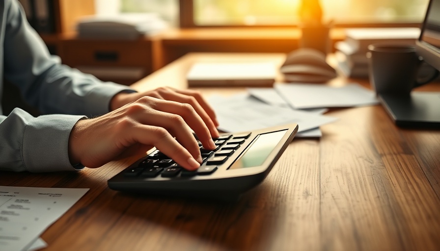 Hands managing medical practice budgeting with calculator, receipts.