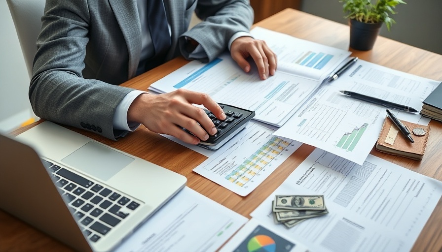 Financial advisor reviewing documents and finances on desk