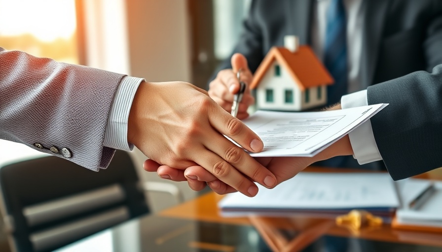 Businesspeople shaking hands over mortgage agreement with model house