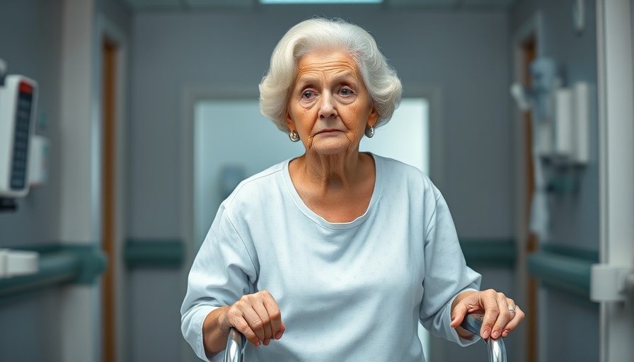Older woman in hospital gown using walker, highlighting delayed medical care.