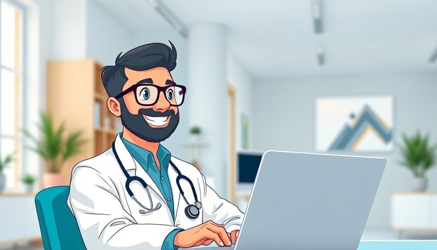 AI healthcare marketing: doctor using laptop in modern office.