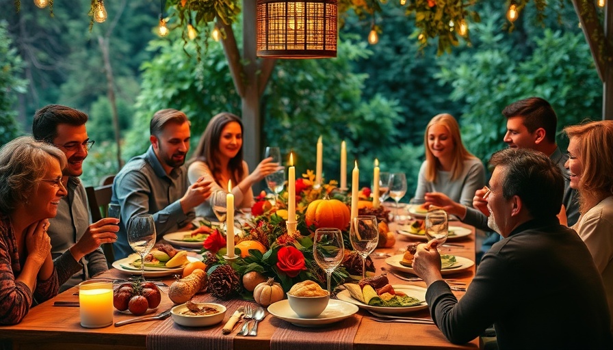 Thanksgiving marketing theme with joyful outdoor family dinner.