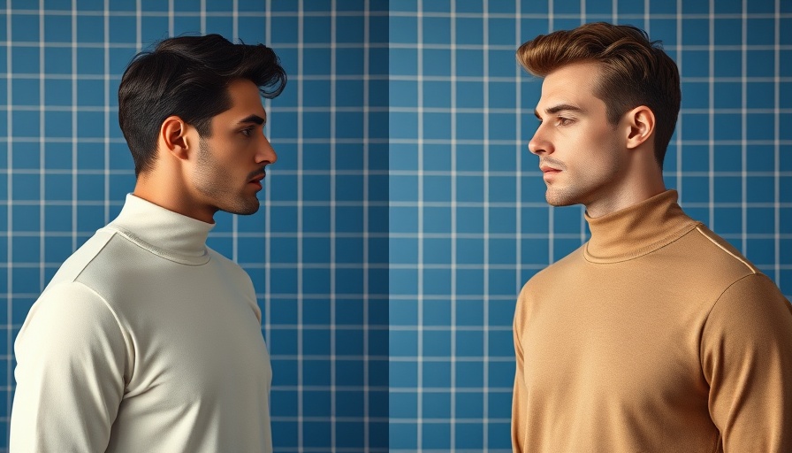 Two men modeling thermal shirts on a blue grid background.
