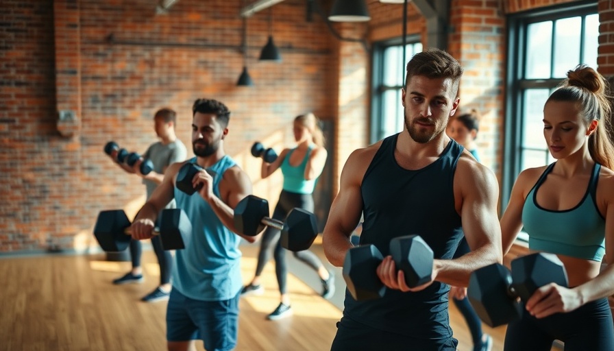 Apple Fitness+ group workout scene, lifting dumbbells indoors.