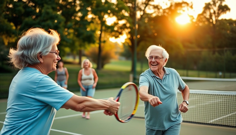 Sports benefits for seniors: active seniors playing tennis.