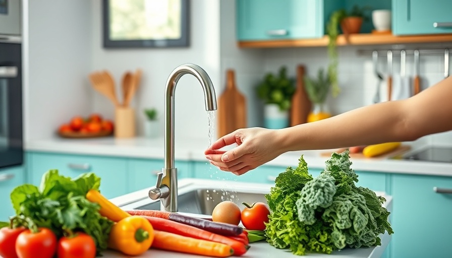 Colorful kitchen setup with food safety elements, person washing hands.