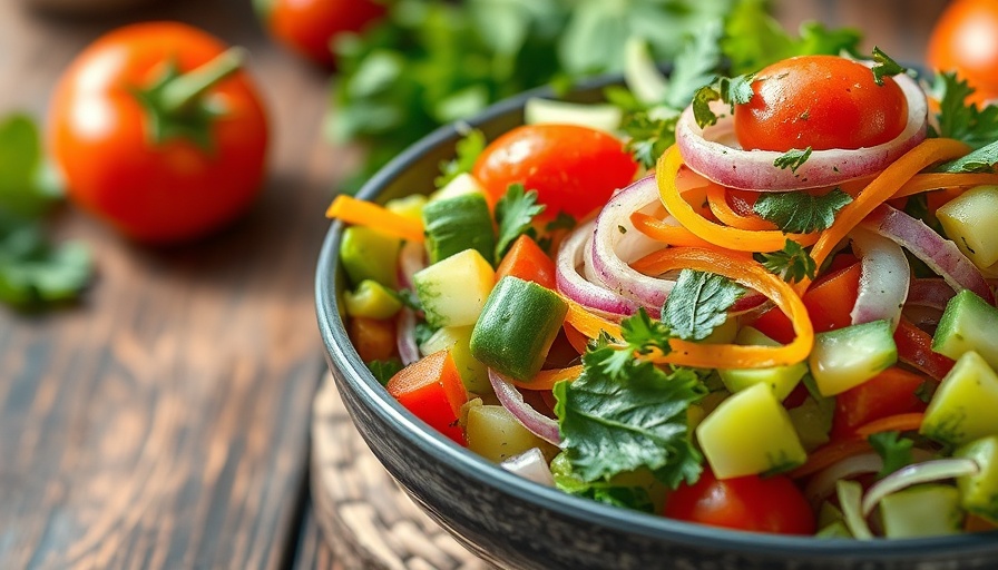 Healthy eating with fresh vegetable salad on rustic table.