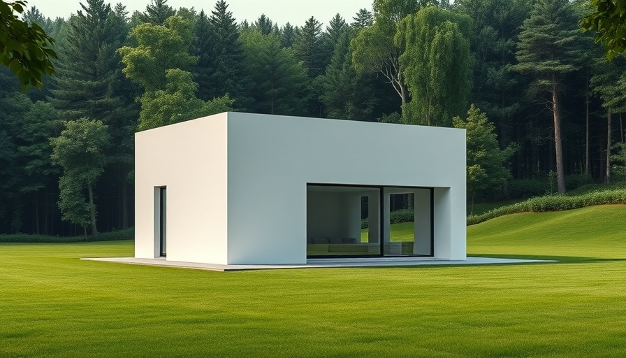 Modern compact living design with sleek cube house in green landscape.