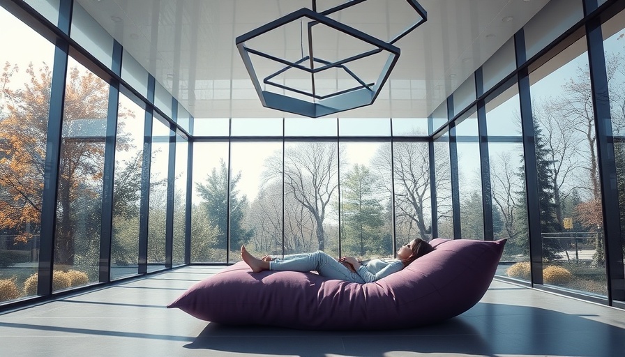 Remote workspace design in modern glass-walled room with purple cushion