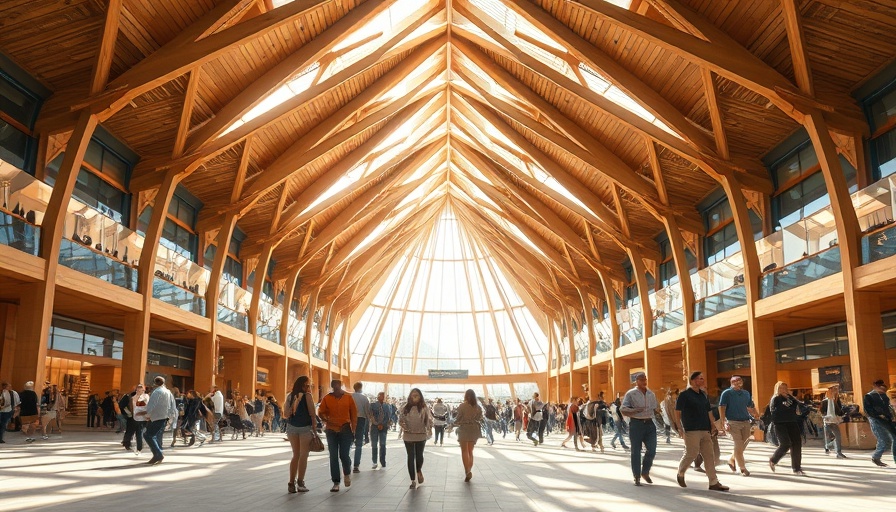 Modern wooden architecture project with crowd underneath.