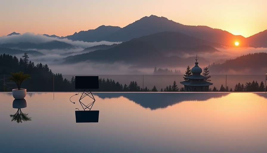Modern luxury remote workspace with sunset and infinity pool.