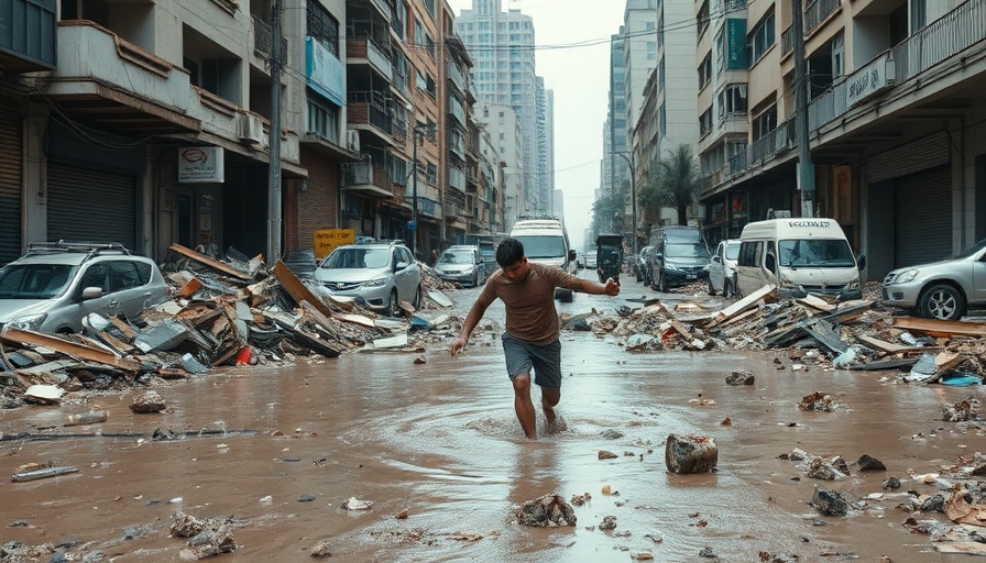 Flood aftermath scene depicting urban devastation for a sustainable future.