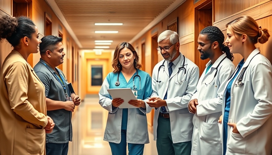 Diverse healthcare team collaborating in a hospital, healthcare recruitment.