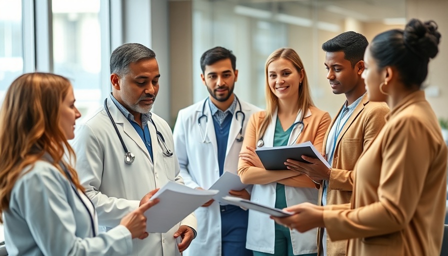 Medical professionals collaborate in a warm-lit office for blogging discussion.
