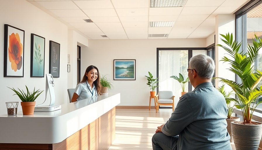 Patient onboarding at a modern medical reception, warm interaction.