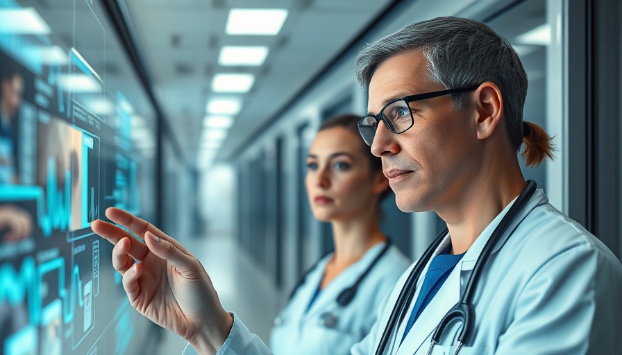 Medical professionals analyzing data analytics in a digital display.