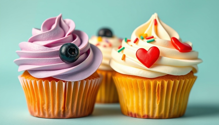 Colorful cupcake flavors on display with varied frosting designs.