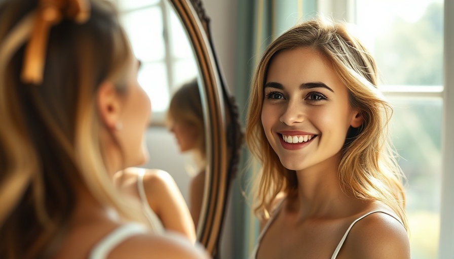 Woman smiling at reflection in mirror, relaxed and joyful expression.