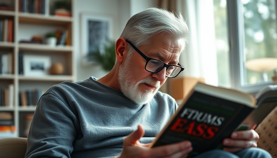Elderly man reading book for brain health in a cozy room.
