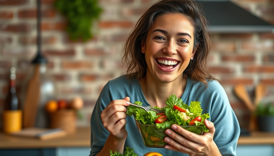 Woman enjoying salad, promoting diet resolutions.