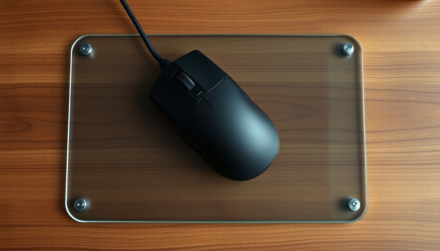 Tempered glass mouse pad with black mouse on wooden desk.