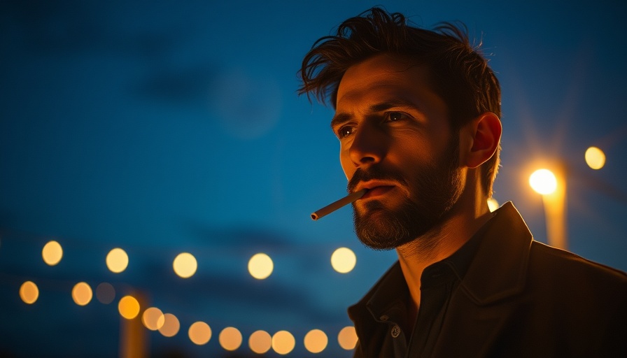 Somber man with glowing lights in evening, The Brutalist film.