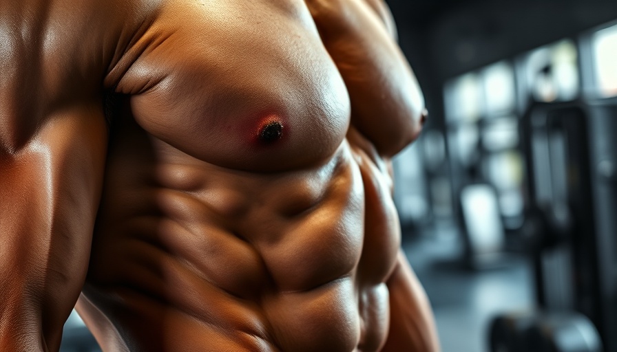 Close-up of male torso showing oblique muscles in gym setting.