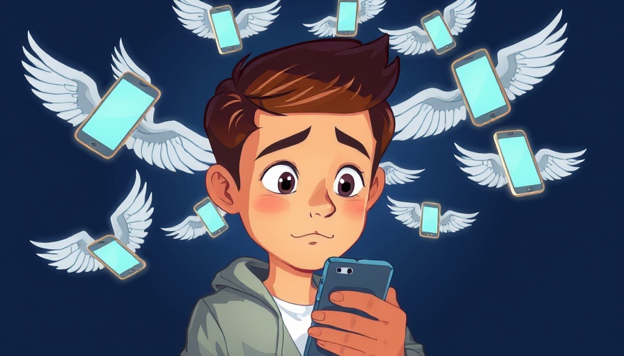 Social media detox concept with flying phones illustration.