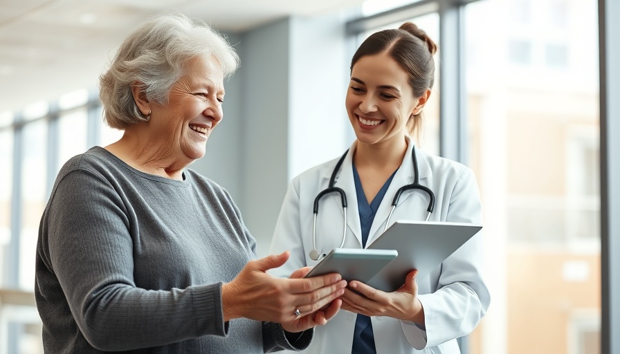 Senior woman and doctor discussing on tablet in modern office. Geriatric assessments.