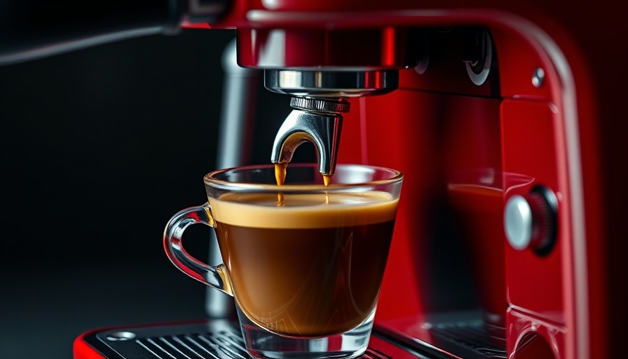 Red espresso machine pouring coffee, close-up focus on maintenance.