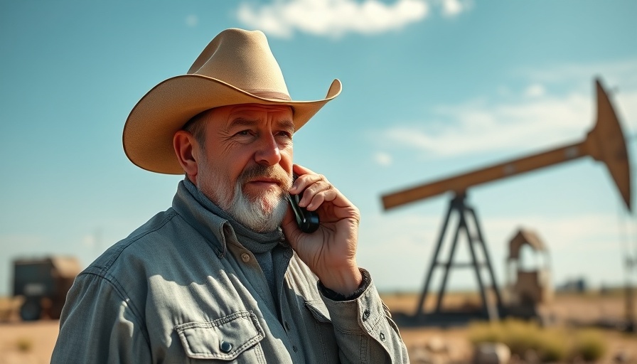 Landman series: Oil worker talking by rig, rural setting.