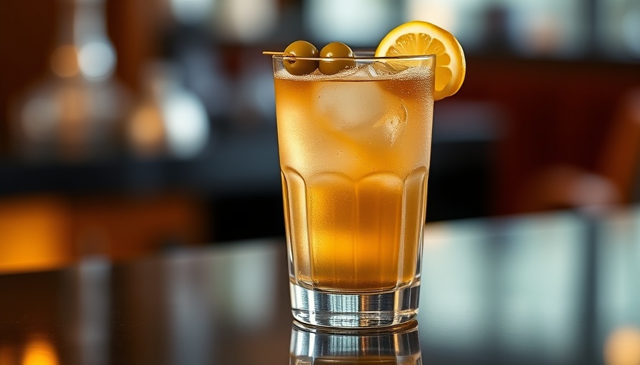 Nonalcoholic cocktail with olives and lemon twist on a reflective surface.