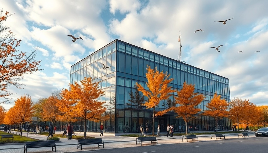 Modern glass office building with autumn landscape, innovative manufacturing.