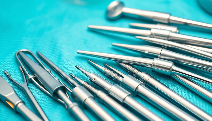 Metallic medical instruments for UV light therapy on turquoise cloth.