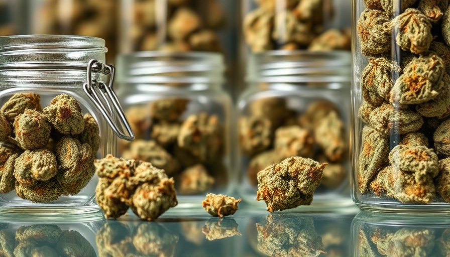Glass jars of dried cannabis on a reflective surface for ADHD use.