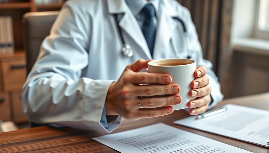 Doctor holding coffee cup discussing health benefits in office.