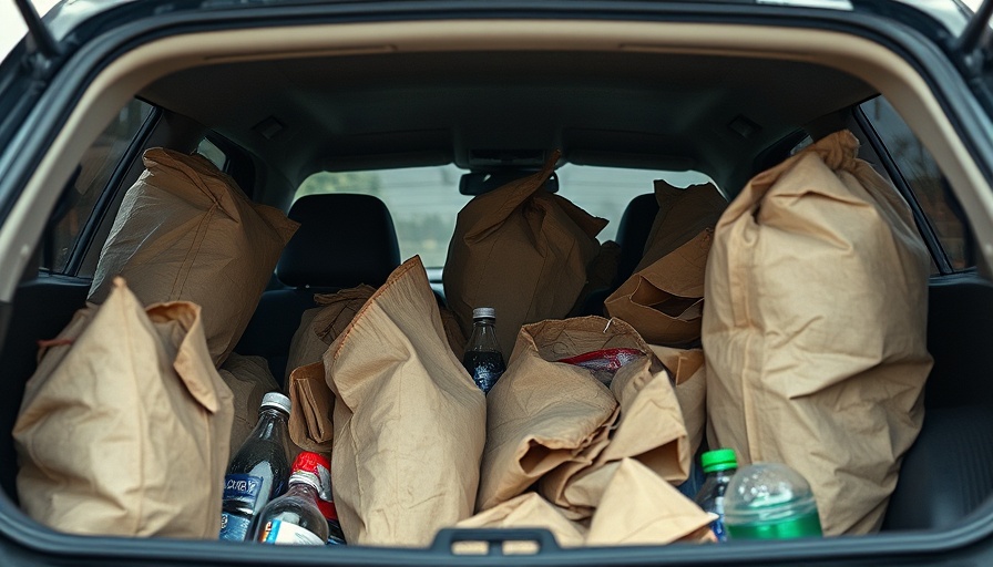 Cluttered car interior with bags and bottles, car organization issue.