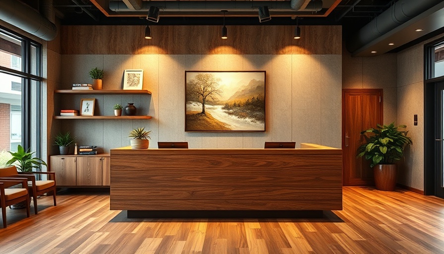 Modern co-working space lobby with stylish decor and art.