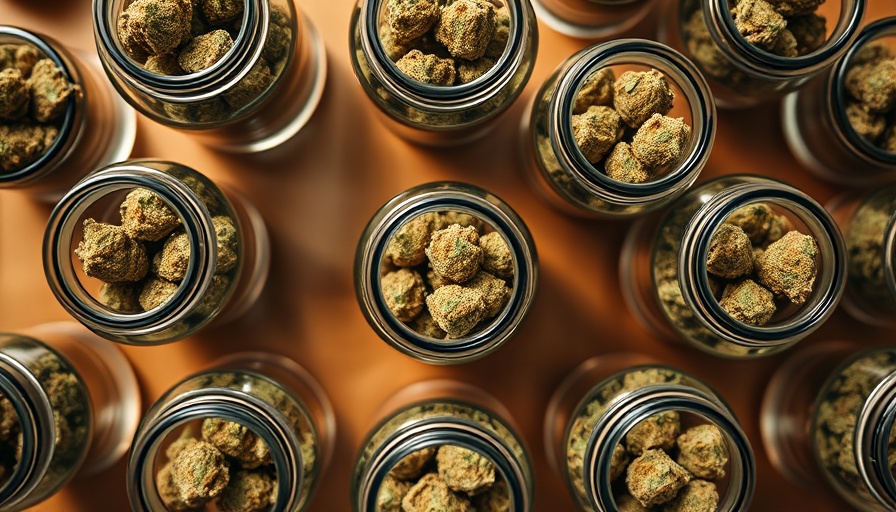 Glass jars of medical cannabis on a reflective surface.