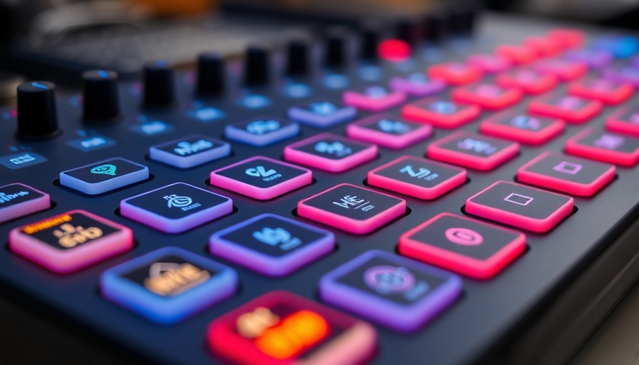 Detailed Stream Deck with glowing buttons and icons.