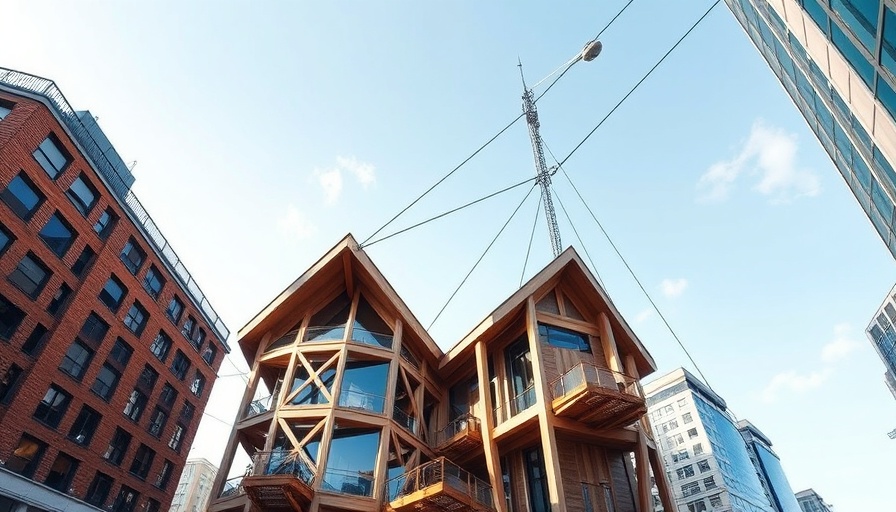 Modern timber architecture building with urban background.