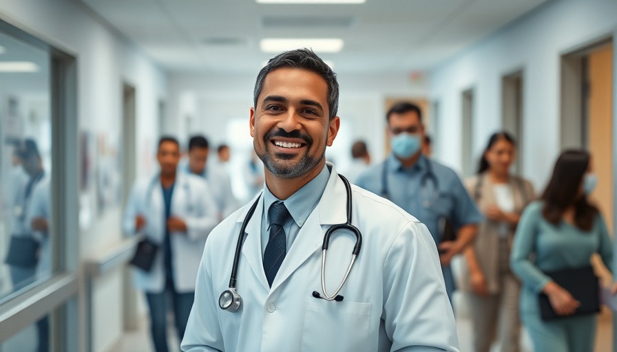 Optimistic physician smiling in hospital, representing physician happiness.