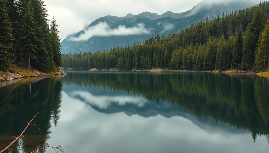 Serene lake in dense forest, misty mountains, forest restoration