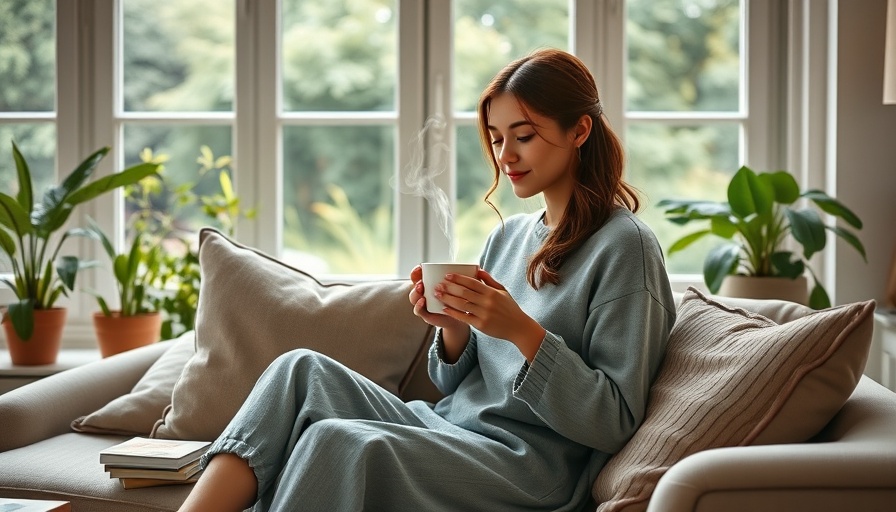 Young woman enjoying tea for mental health support in a tranquil room.