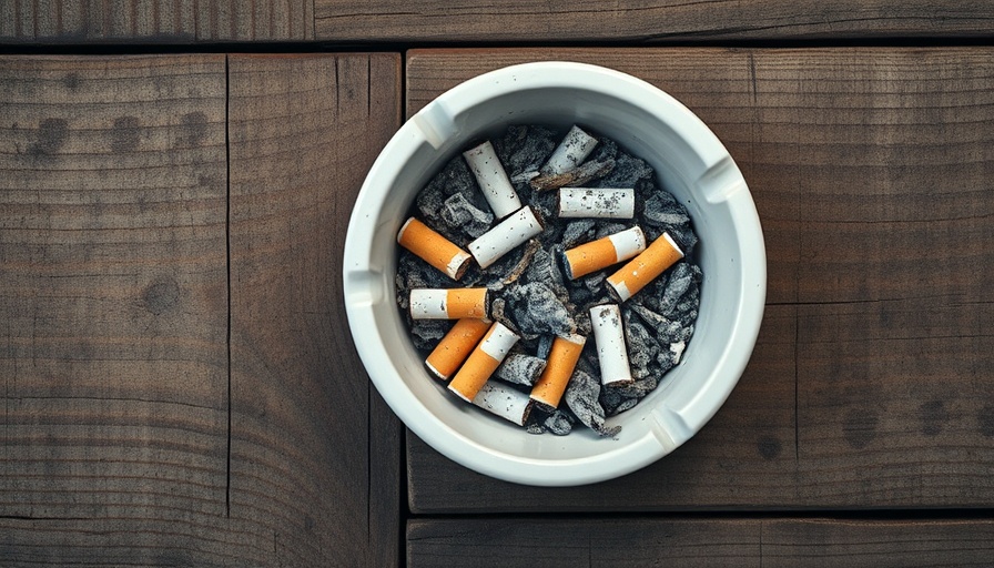 Nicotine Regulation theme with ashtray and cigarette butts on wooden table.