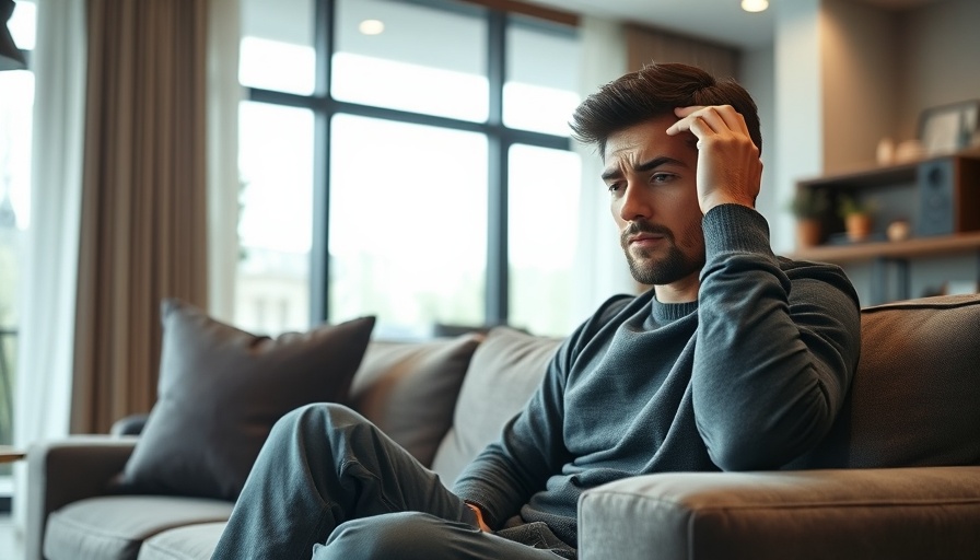 Stressed young man on couch showcasing sleep importance.
